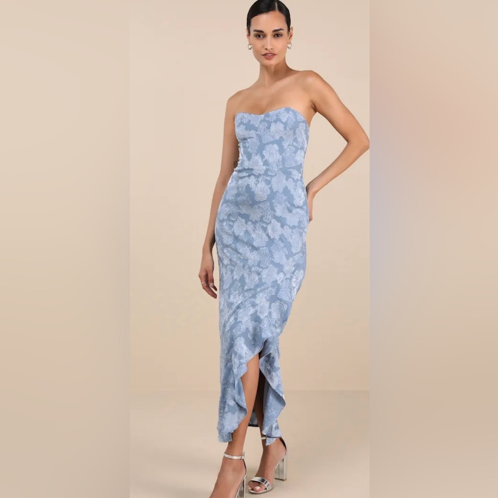Lulus Strapless Slate Blue Floral Dress